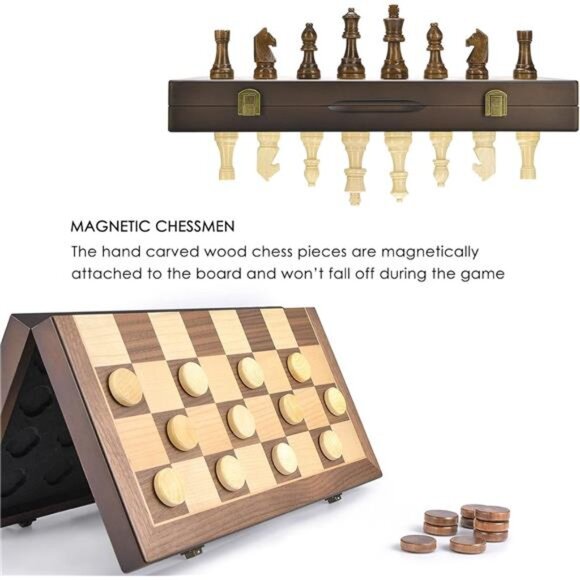 Magnetic Wooden Chess and Checkers Game Set, 15 Inches Chess Board Games - Picture 4 of 7